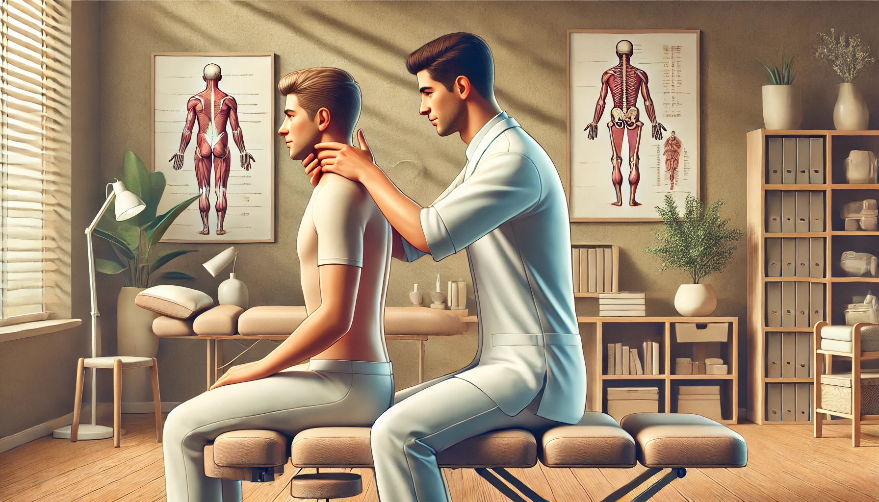 An illustration showing a chiropractor in a modern clinic setting performing a neck adjustment on a patient seated on a padded adjustment table. The chiropractor appears focused and professional, while the patient looks relaxed. The background features anatomy charts, a bookshelf, and calming décor elements like soft lighting and greenery, creating a welcoming and serene atmosphere.